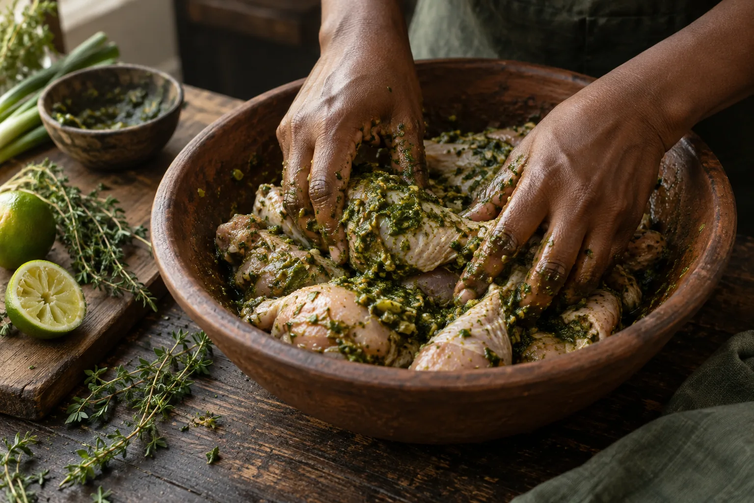 Two hands working dark green epis into chicken pieces in a wide wooden bowl, with a cut lime, thyme sprigs and scallions alongside.