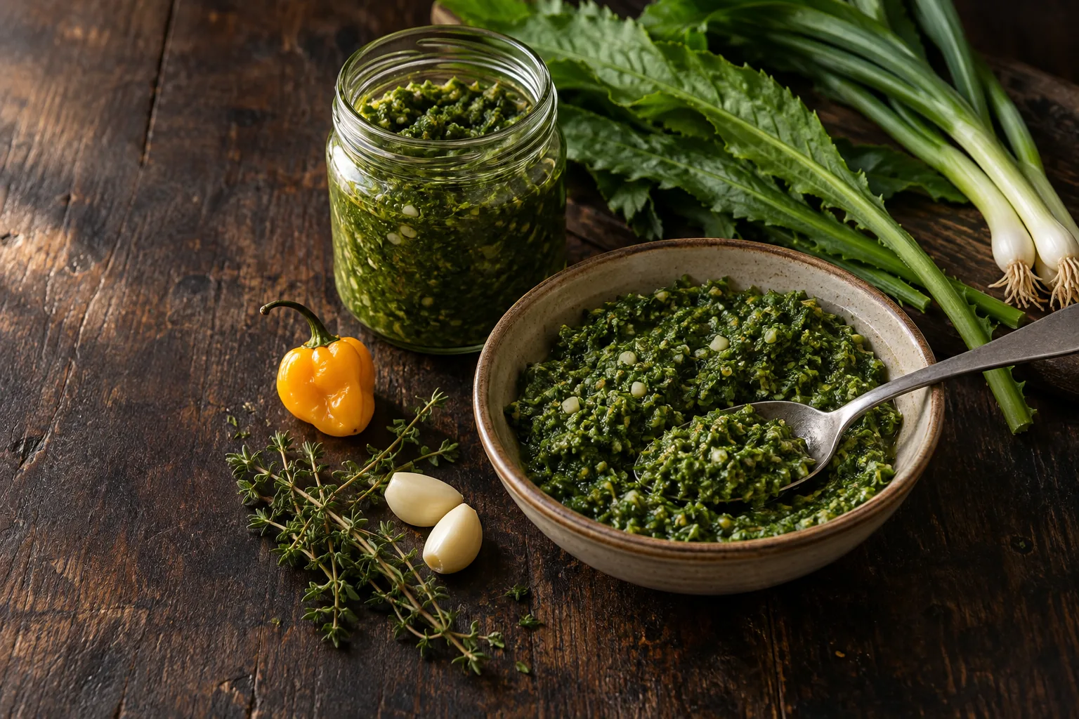 A bowl and a jar of Trinidadian green seasoning beside long chadon beni leaves, scallions, thyme, garlic cloves and a yellow scotch bonnet pepper.