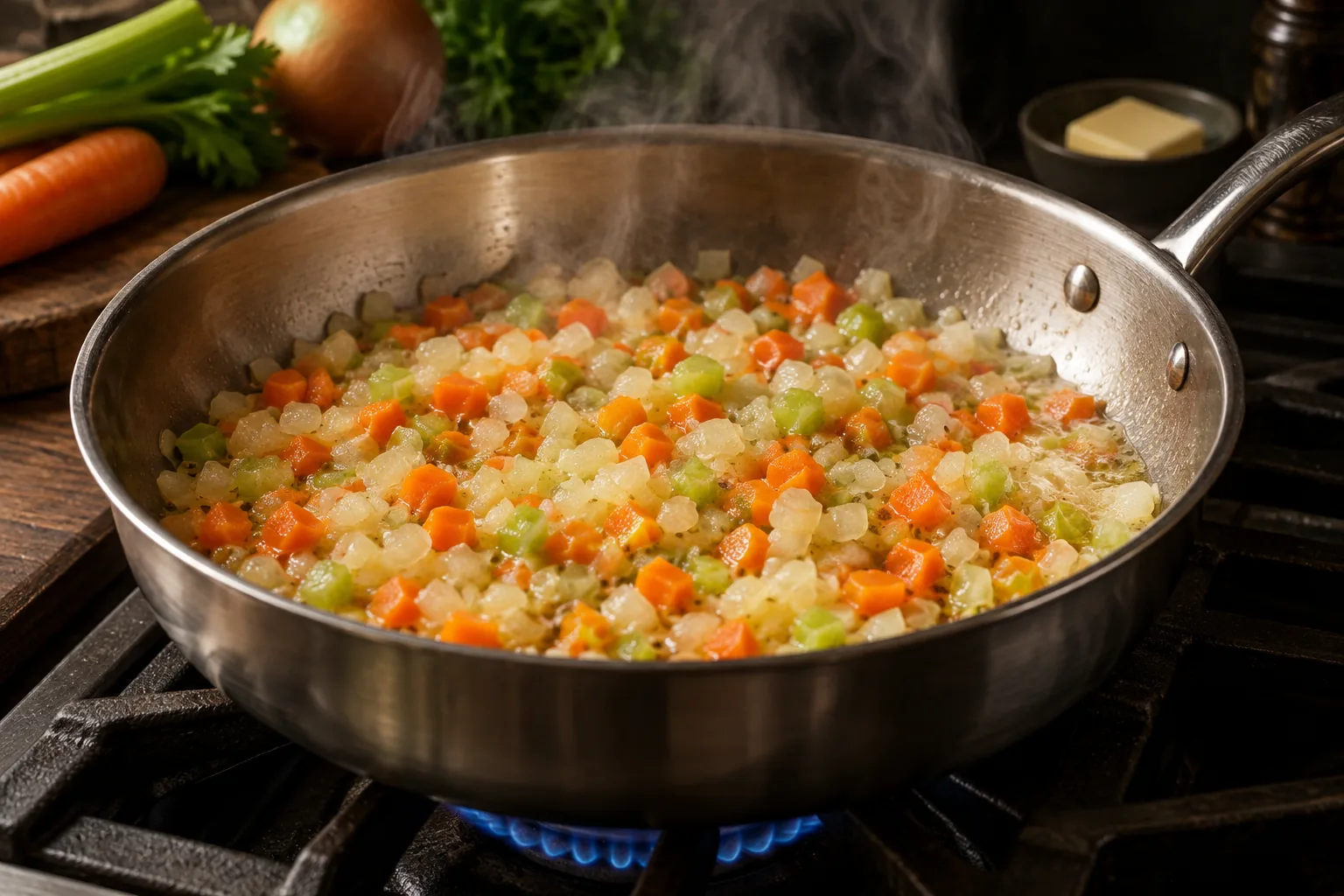 Evenly diced onion, carrot and celery sweating in butter in a steel pan over a gas flame, still pale and uncoloured.