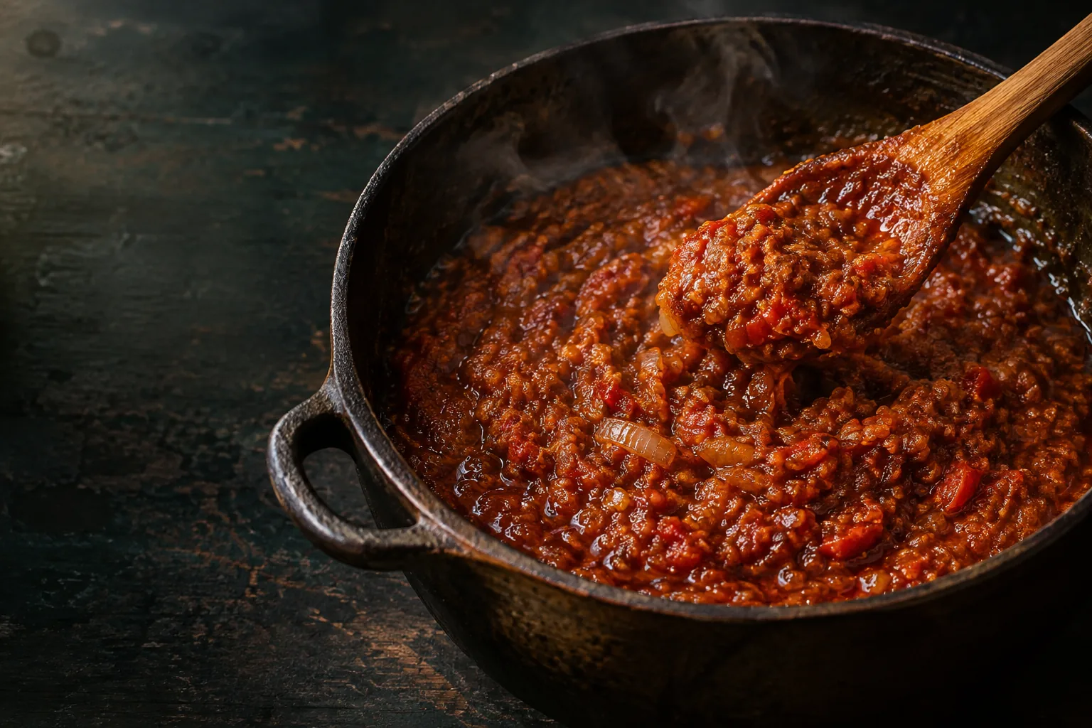 Red-brown nokoss frying down in a dark cast-iron pot, a fold of it lifted on a wooden spoon, steam rising.