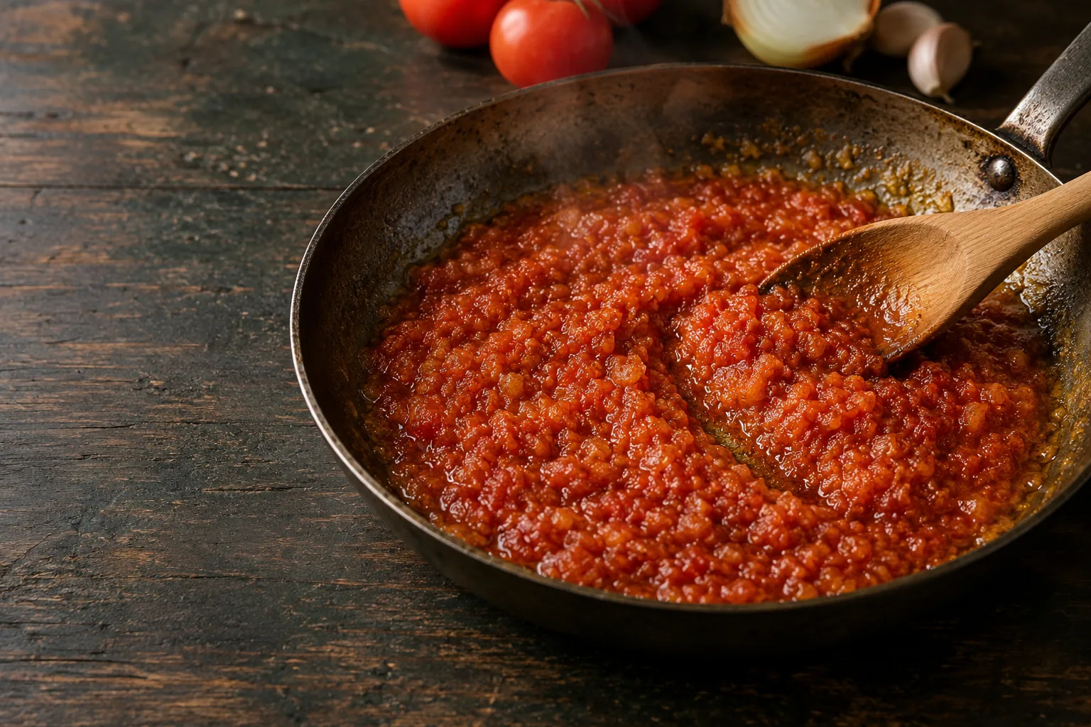 A steel pan of brick-red Spanish sofrito being stirred with a wooden spoon, tomatoes, onion and garlic resting behind it.