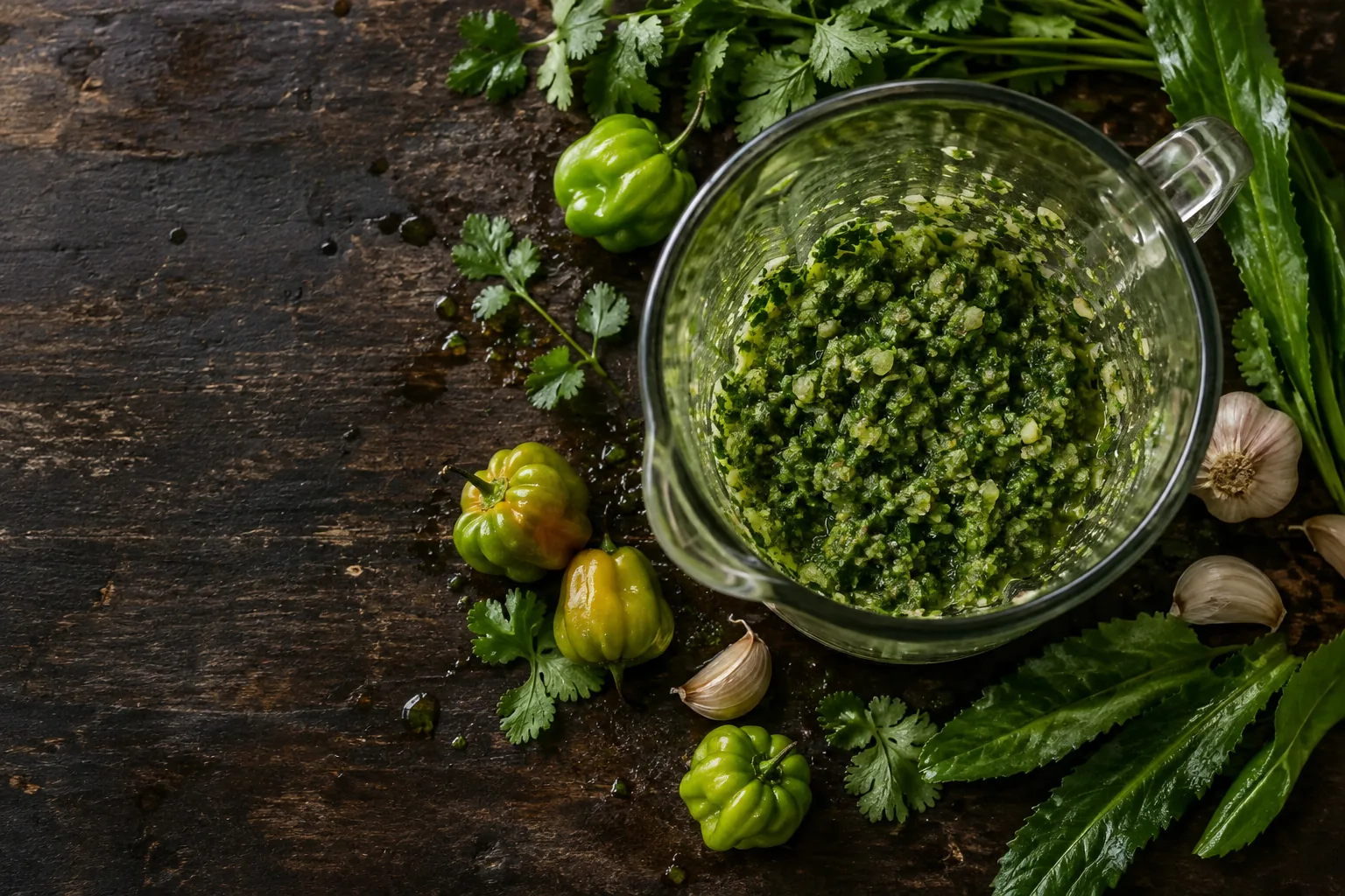 A glass blender jug of coarse green Puerto Rican sofrito on a dark wooden table, surrounded by ají dulce peppers, cilantro and long culantro leaves.