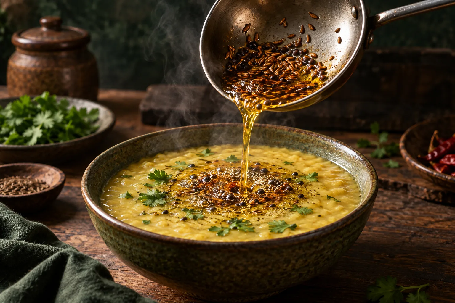 Cumin and mustard seeds in hot golden ghee being poured from a long-handled pan into a bowl of dal.