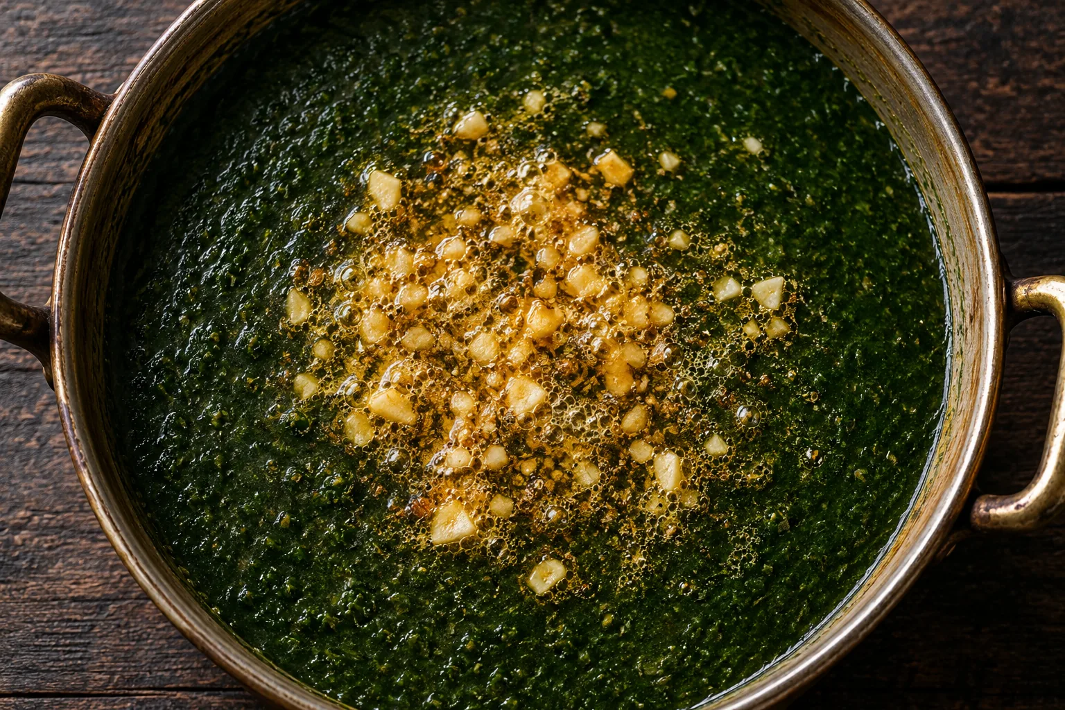Overhead view of a brass pot of dark green molokhia with golden fried garlic spreading across the surface.