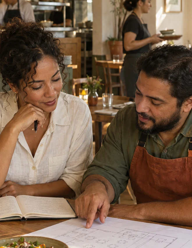 Restaurant owner and manager reviewing plans while their team serves guests