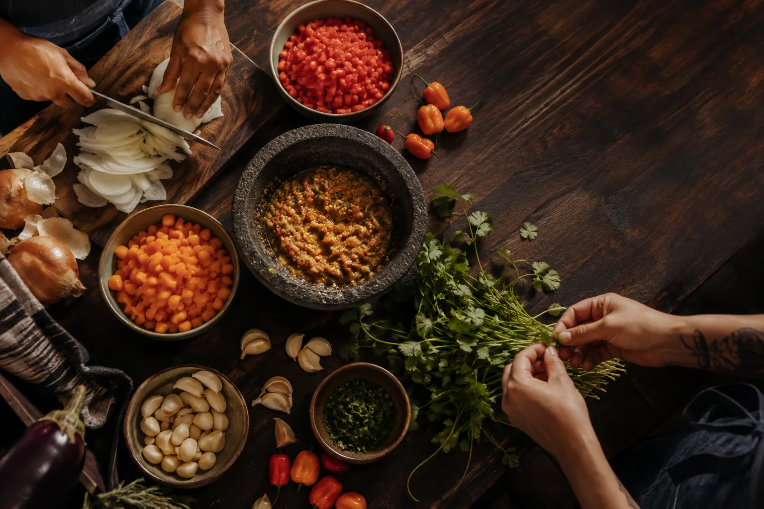 Restaurant teammates preparing onions, garlic, peppers, cilantro, and sofrito together around a wooden prep table